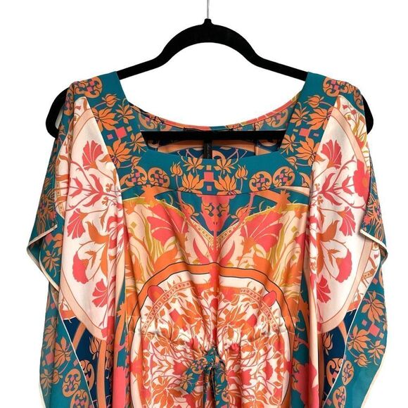 BCBGMAXAZRIA Boho Kaftan Printed Mini Knee Length Dress Coverup Pink Blue XS - Picture 3 of 13